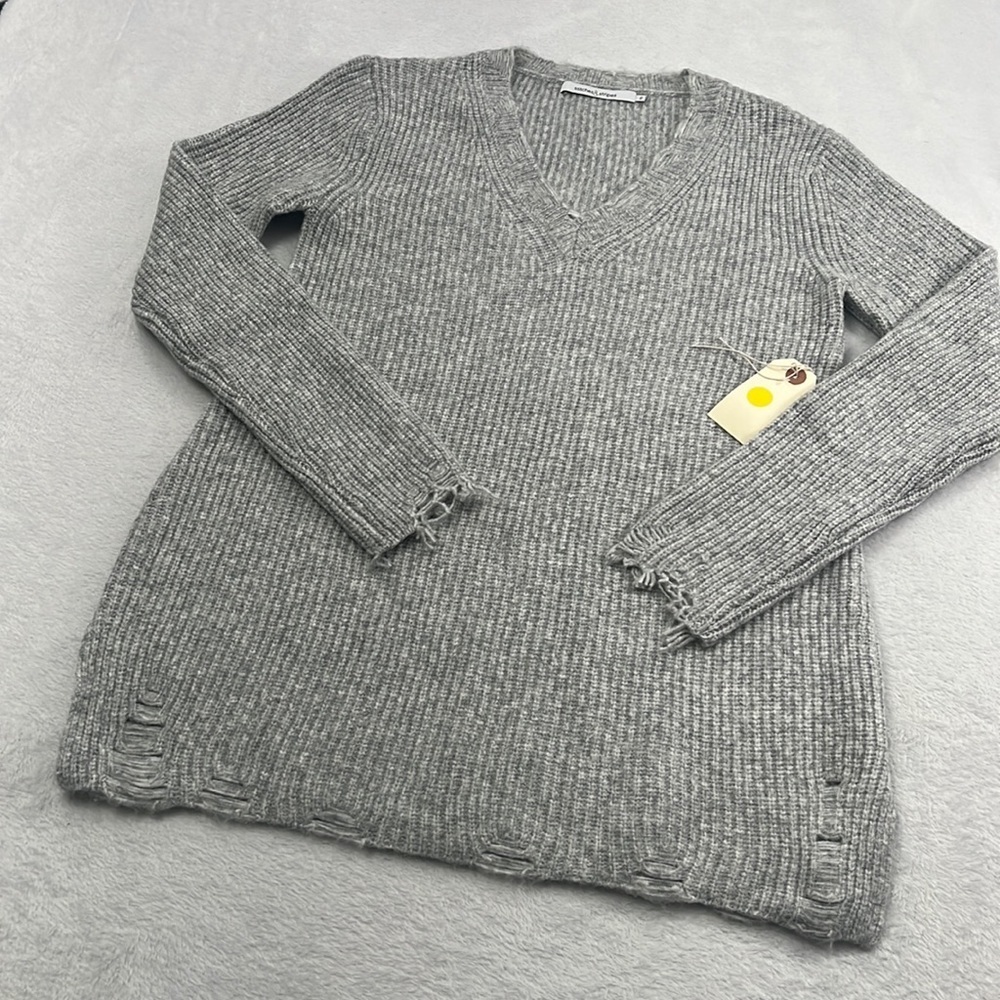 NEW XS Stitches & Stripes Gray Distressed Long Line Sweater